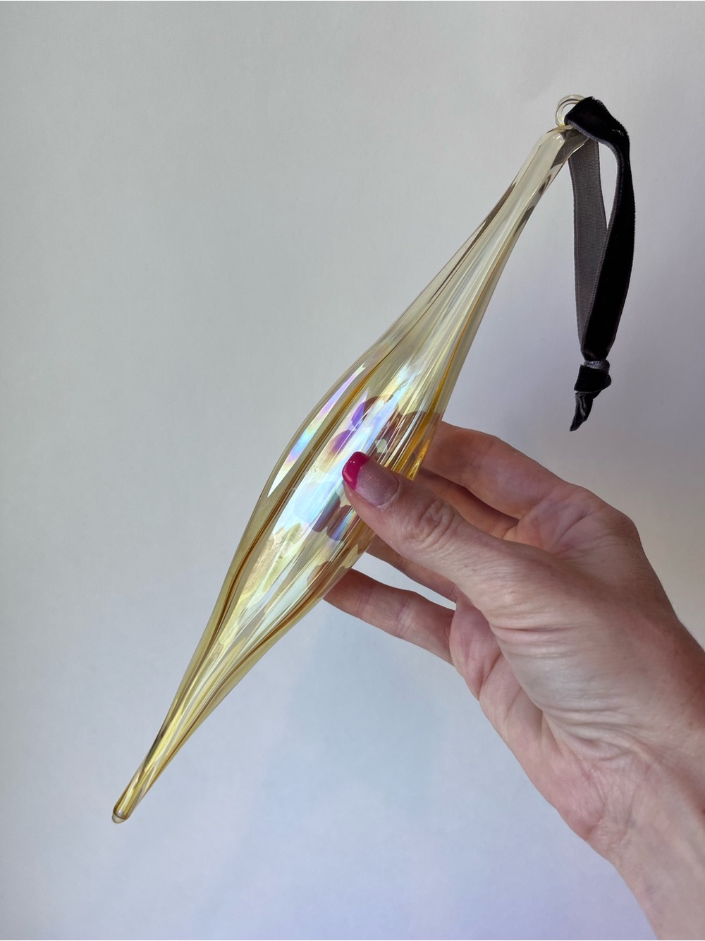 Glass Christmas Ornament Long Yellow Gold Iridescent Glass